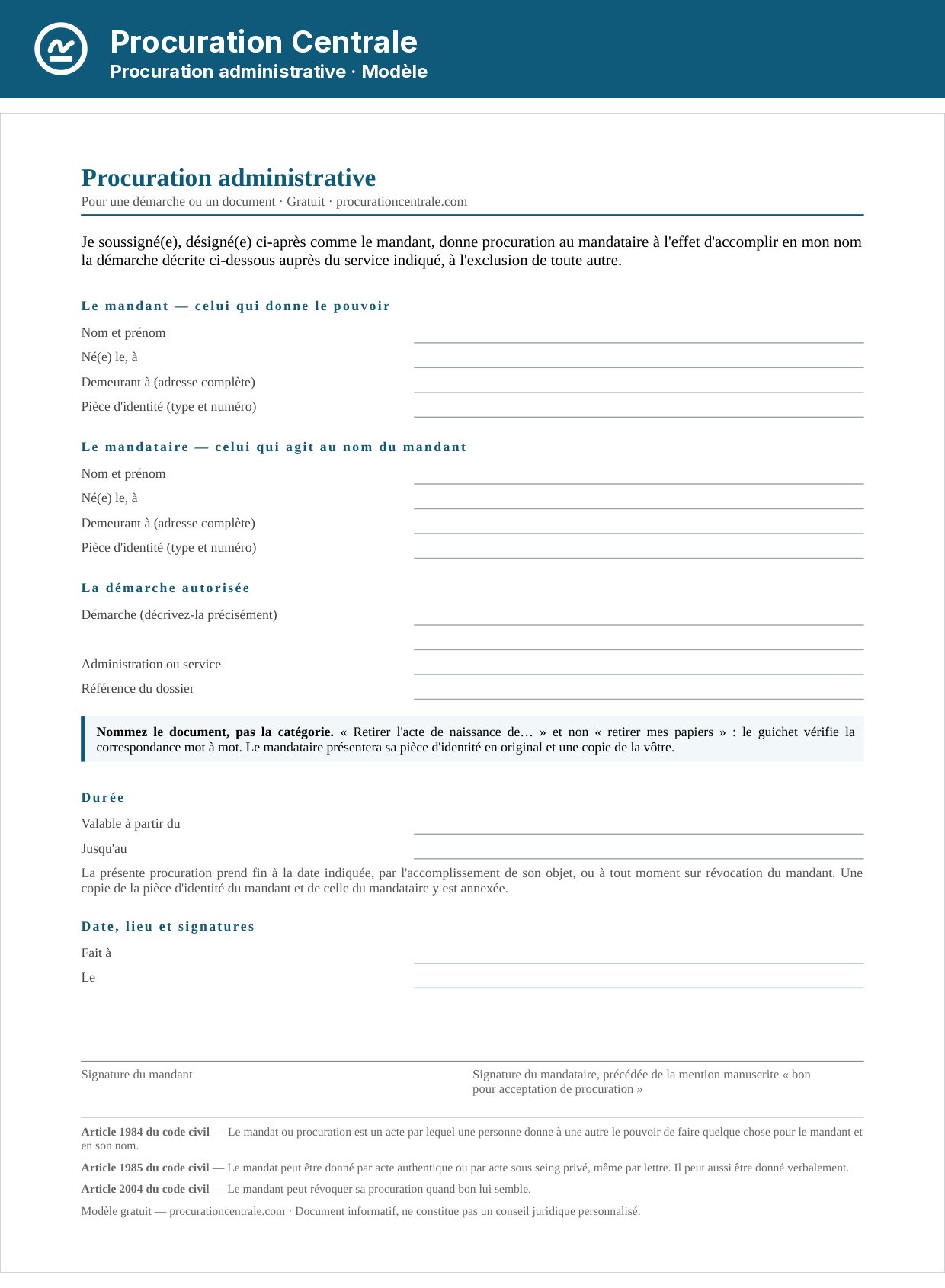 Modèle de procuration administrative à remplir, avec la démarche autorisée et le service destinataire