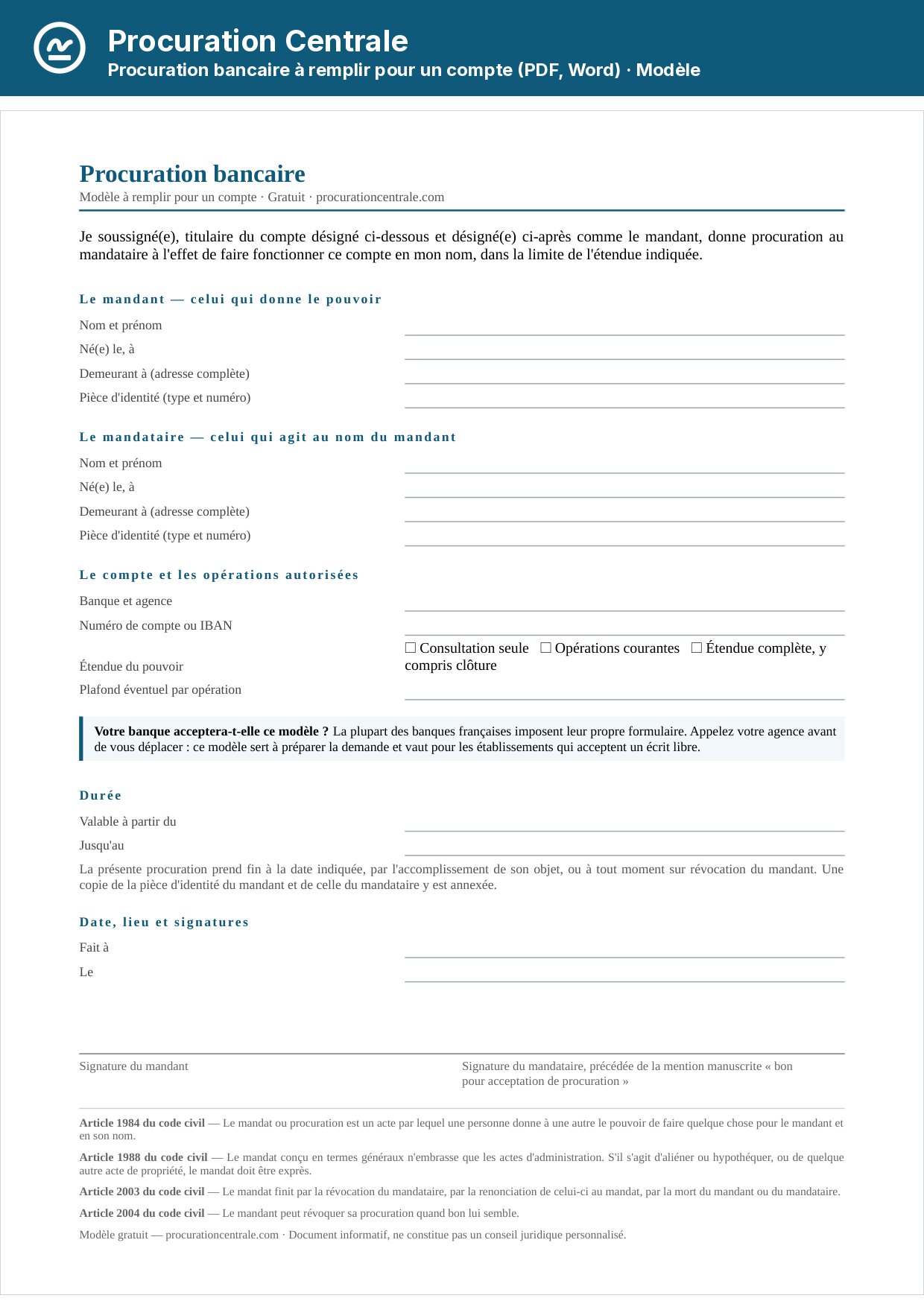 Modèle de procuration bancaire à remplir, avec le numéro de compte, l'étendue des opérations et la signature