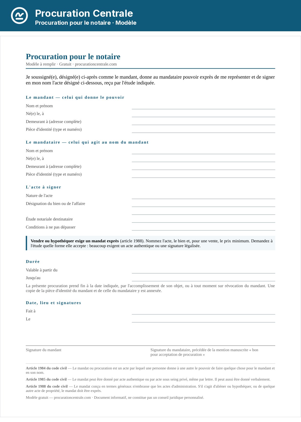 Modèle de procuration pour le notaire, avec la référence de l'acte et le mandat exprès de vendre