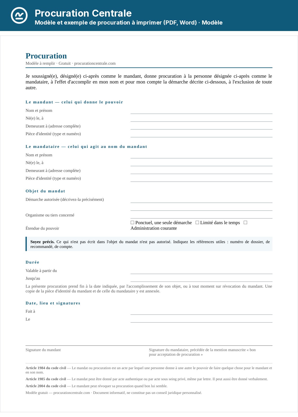 Modèle de procuration vierge à remplir, avec le mandant, le mandataire, l'objet du mandat et la signature