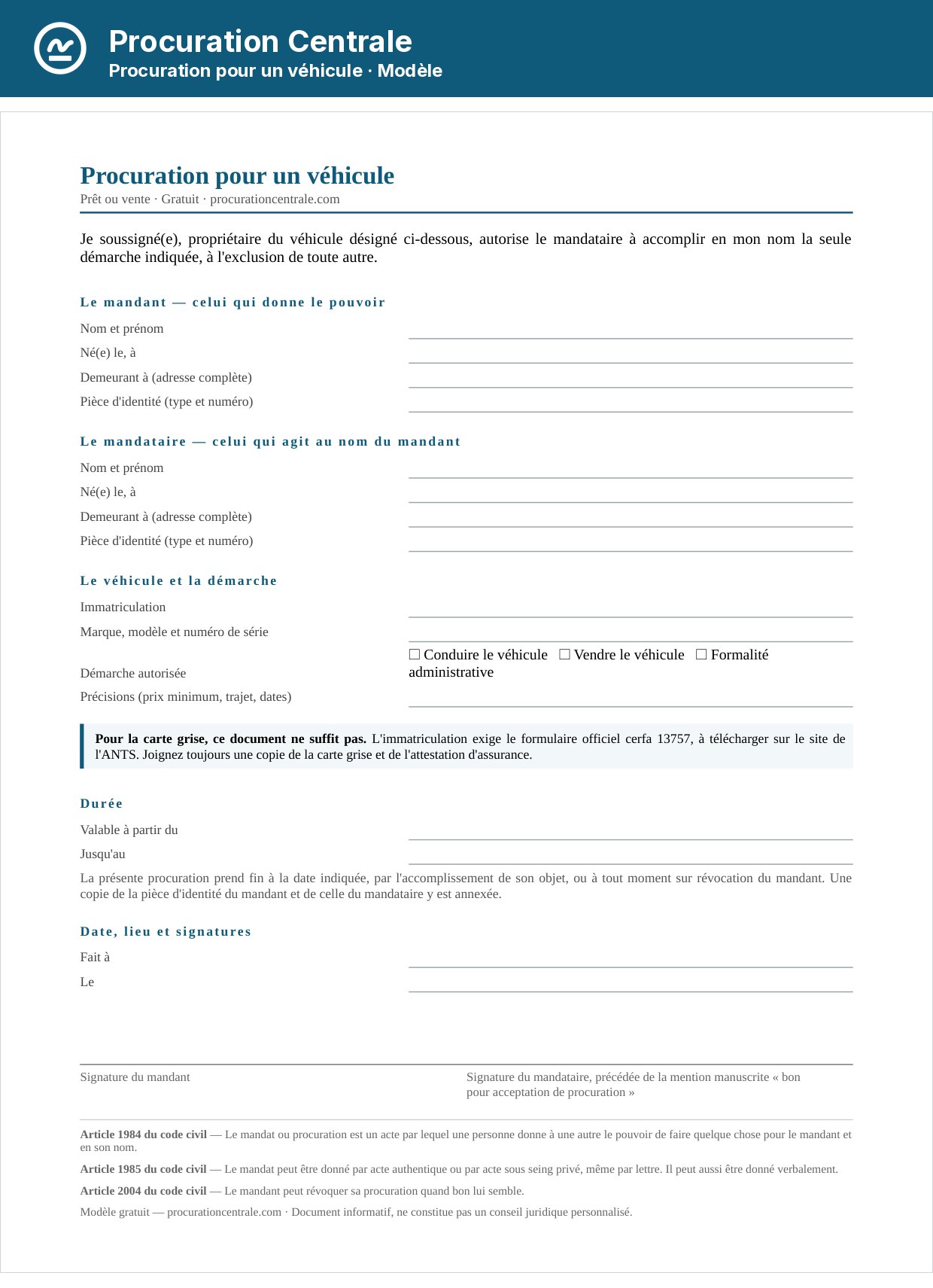 Modèle de procuration pour un véhicule, avec l'immatriculation et la démarche autorisée